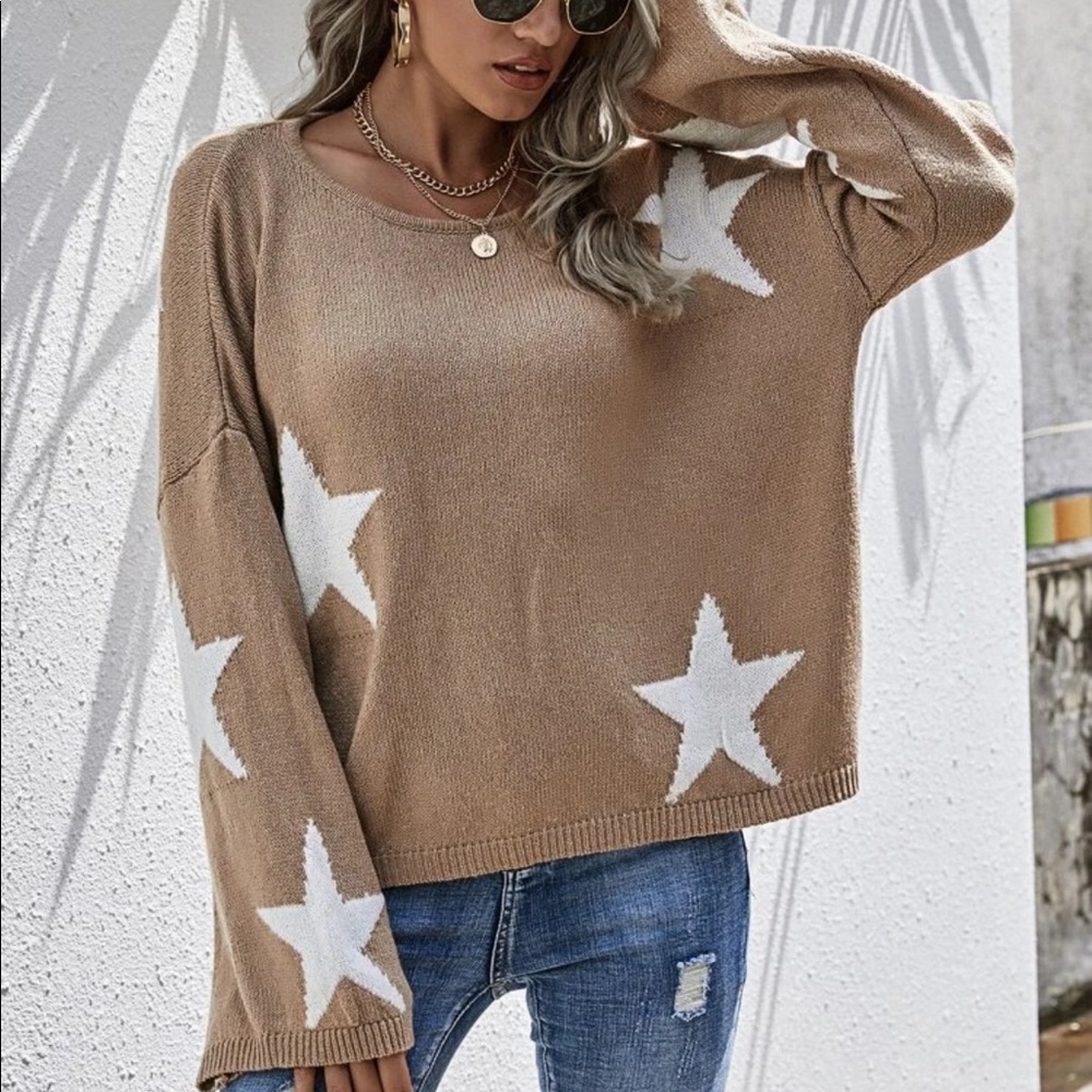 Nude tan star sweater oversized wide sleeve boho - Picture 2 of 6